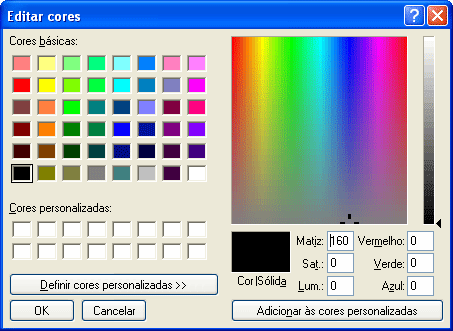 Para criar uma nova cor, você pode optar por dois caminhos: Através do menu Cores => Editar cores... ou Clicando duas vezes, na própria barra de cores, sobre a cor que deseja alterar.