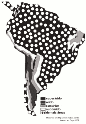 136) Na figura observa-se uma classificação de regiões da América do Sul segundo o grau de aridez verificado.