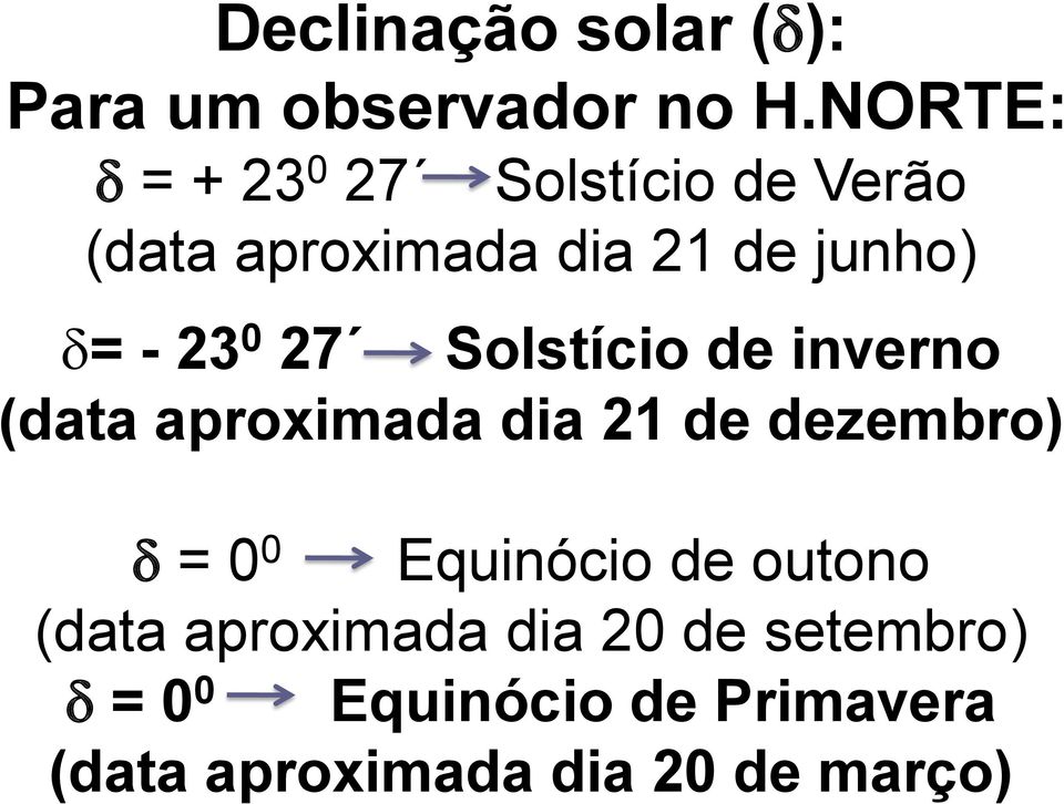 0 27 Solstício de inverno (data aproximada dia 21 de dezembro) = 0 0 Equinócio