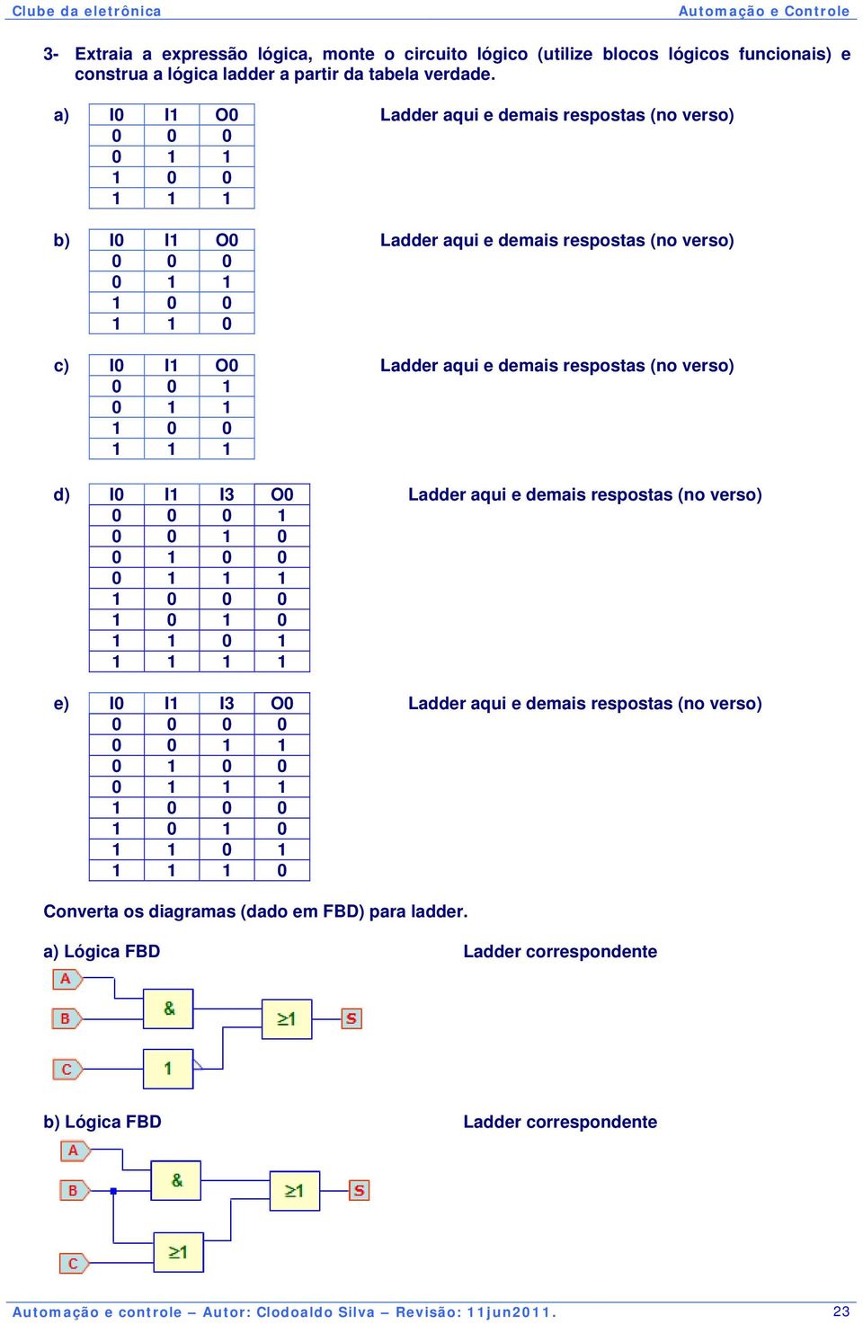 demais respostas (no verso) 0 0 1 0 1 1 1 0 0 1 1 1 d) I0 I1 I3 O0 Ladder aqui e demais respostas (no verso) 0 0 0 1 0 0 1 0 0 1 0 0 0 1 1 1 1 0 0 0 1 0 1 0 1 1 0 1 1 1 1 1 e) I0 I1 I3