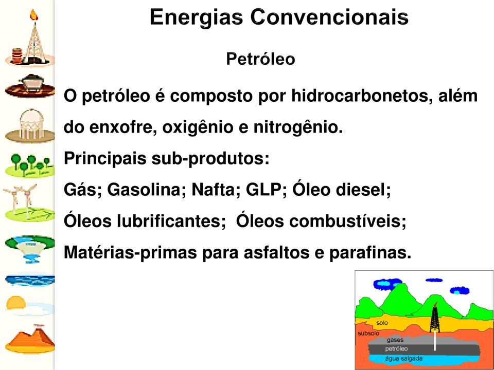 Principais sub-produtos: Gás; Gasolina; Nafta; GLP; Óleo