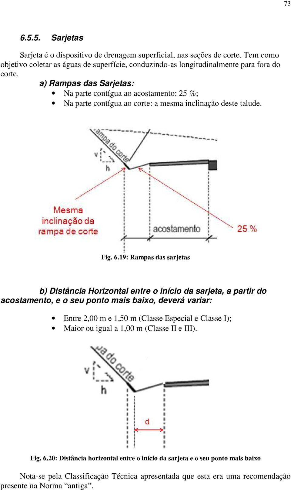 a) Rampas das Sarjetas: Na parte contígua ao acostamento: 25 %; Na parte contígua ao corte: a mesma inclinação deste talude. Fig. 6.