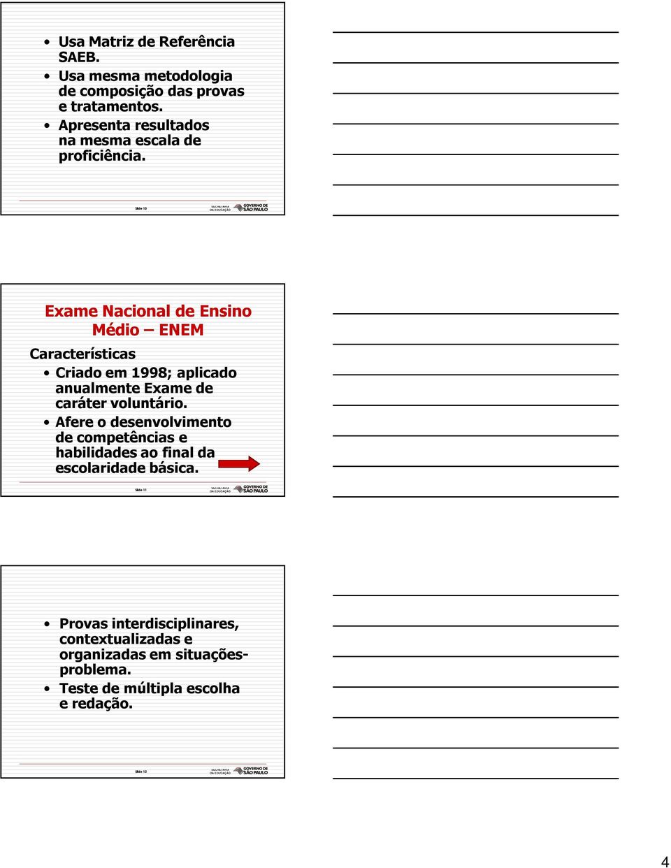 Slide 10 Exame Nacional de Ensino Médio ENEM Características Criado em 1998; aplicado anualmente Exame de caráter