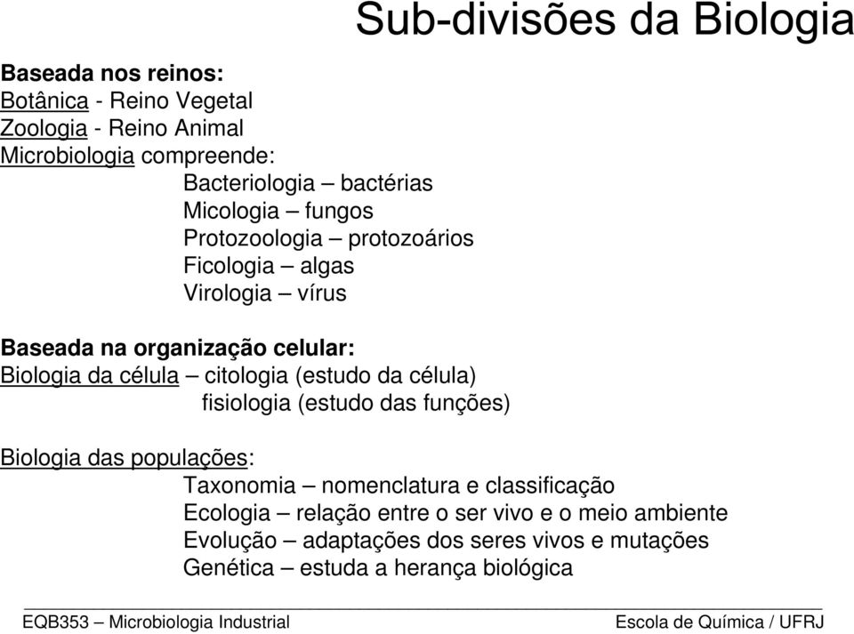 citologia (estudo da célula) fisiologia (estudo das funções) Biologia das populações: Taxonomia nomenclatura e classificação