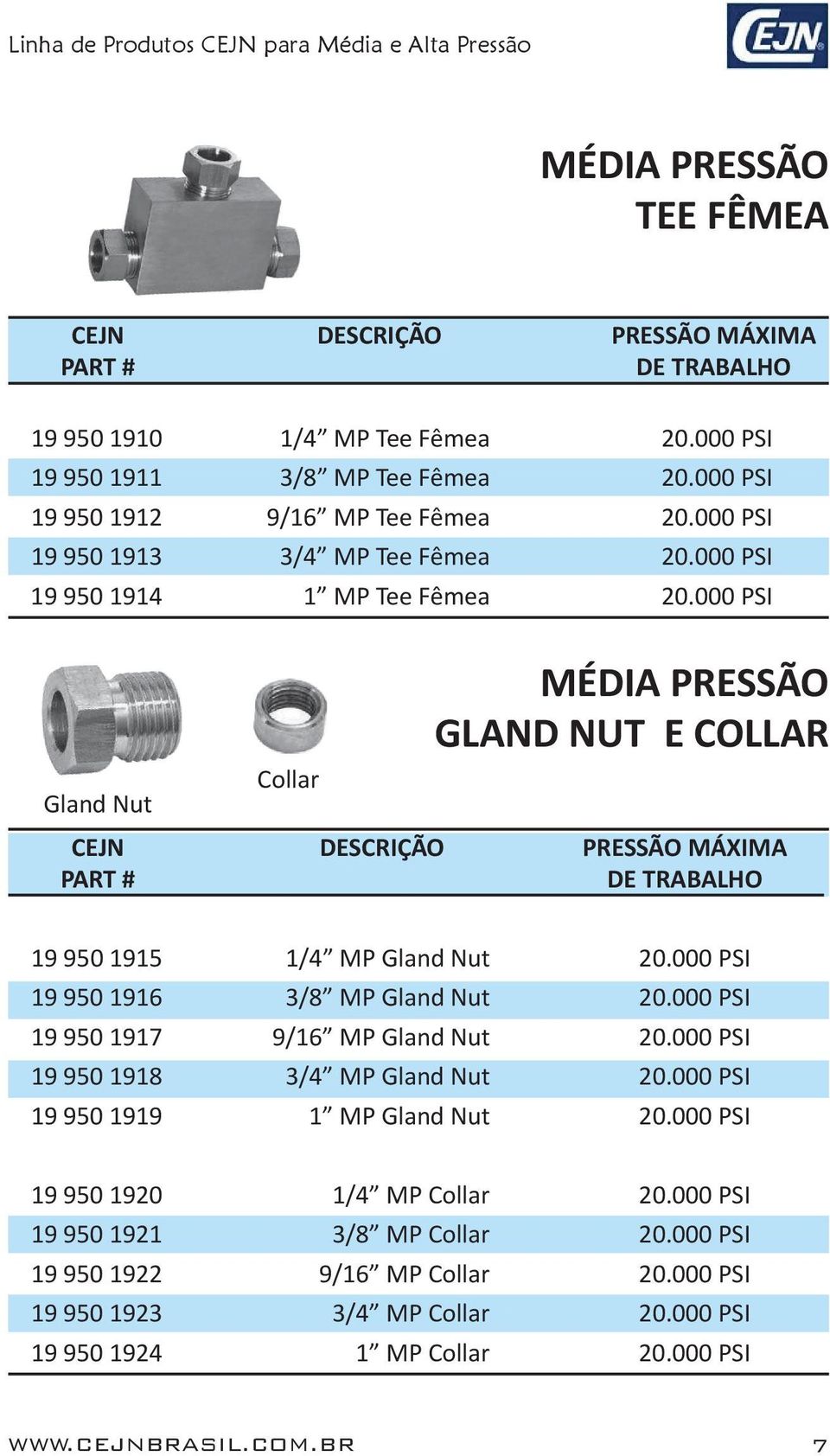 000 PSI 19 950 1916 3/8 MP Gland Nut 20.000 PSI 19 950 1917 9/16 MP Gland Nut 20.000 PSI 19 950 1918 3/4 MP Gland Nut 20.000 PSI 19 950 1919 1 MP Gland Nut 20.