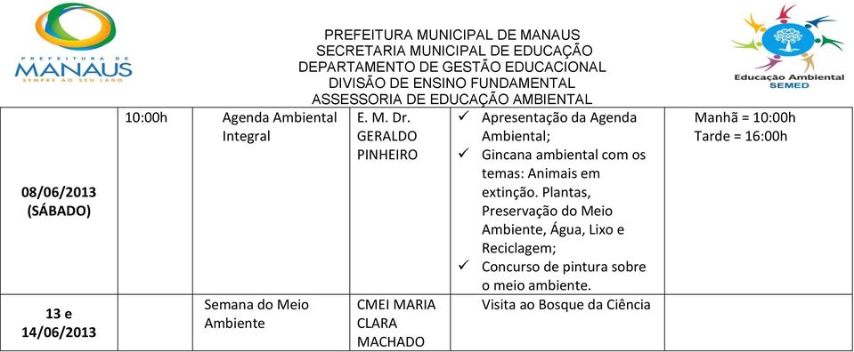 GERALDO PINHEIRO CMEI MARIA CLARA MACHADO Apresentação da Agenda Ambiental; Gincana ambiental