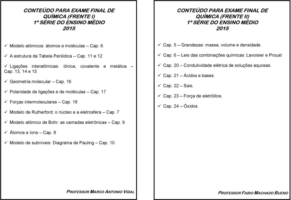 5 Grandezas: massa, volume e densidade Cap. 6 Leis das combinações químicas: Lavoisier e Proust Cap. 20 Condutividade elétrica de soluções aquosas. Cap. 21 Ácidos e bases. Cap. 22 Sais. Cap. 23 Força de eletrólitos.