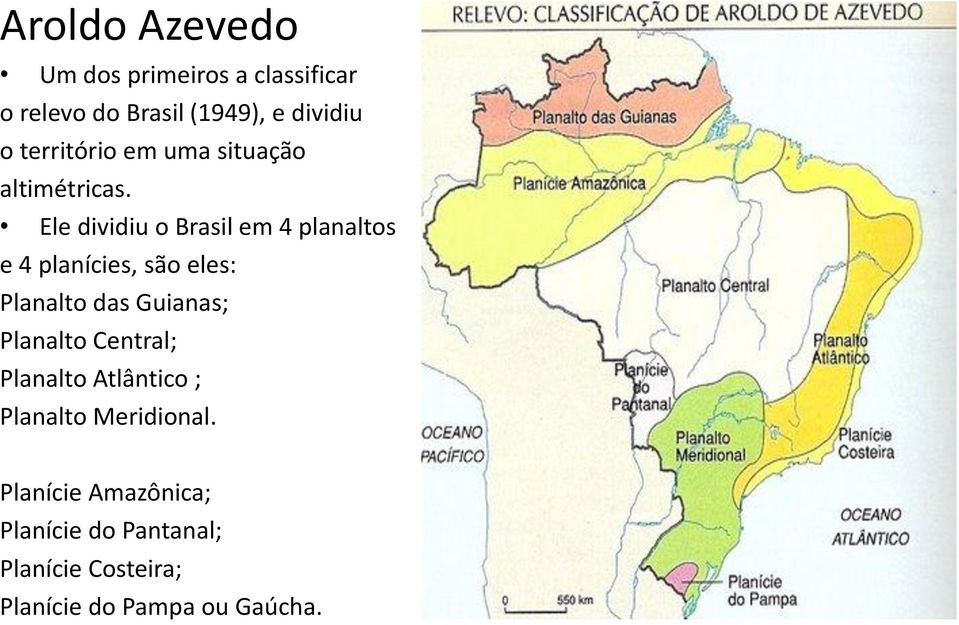 Ele dividiu o Brasil em 4 planaltos e 4 planícies, são eles: Planalto das Guianas;