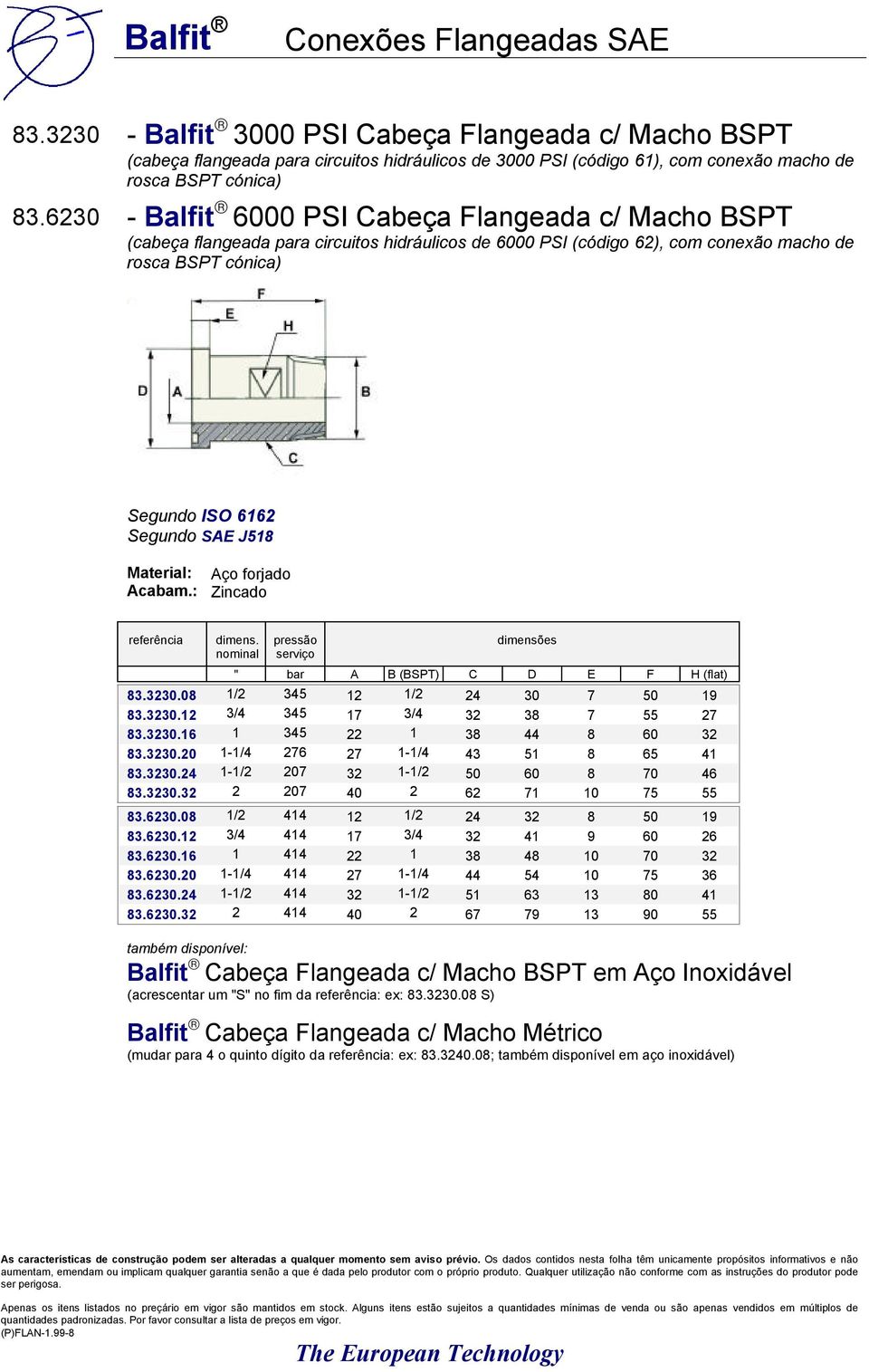 6230 - Balfit 6000 PSI Cabeça Flangeada c/ Macho BSPT (cabeça flangeada para circuitos hidráulicos de 6000 PSI (código 62), com conexão macho de rosca BSPT cónica) " bar A B (BSPT) C D E F H (flat)
