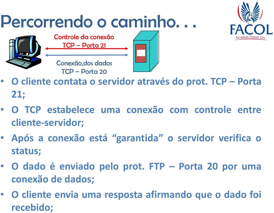 TCP Porta 21; O TCP estabelece uma conexão com controle entre cliente-servidor; Após a