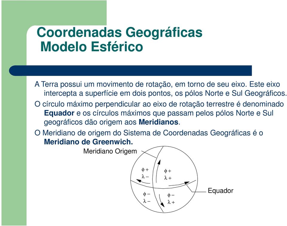 O círculo máximo perpendicular ao eixo de rotação terrestre é denominado Equador e os círculos máximos que passam pelos