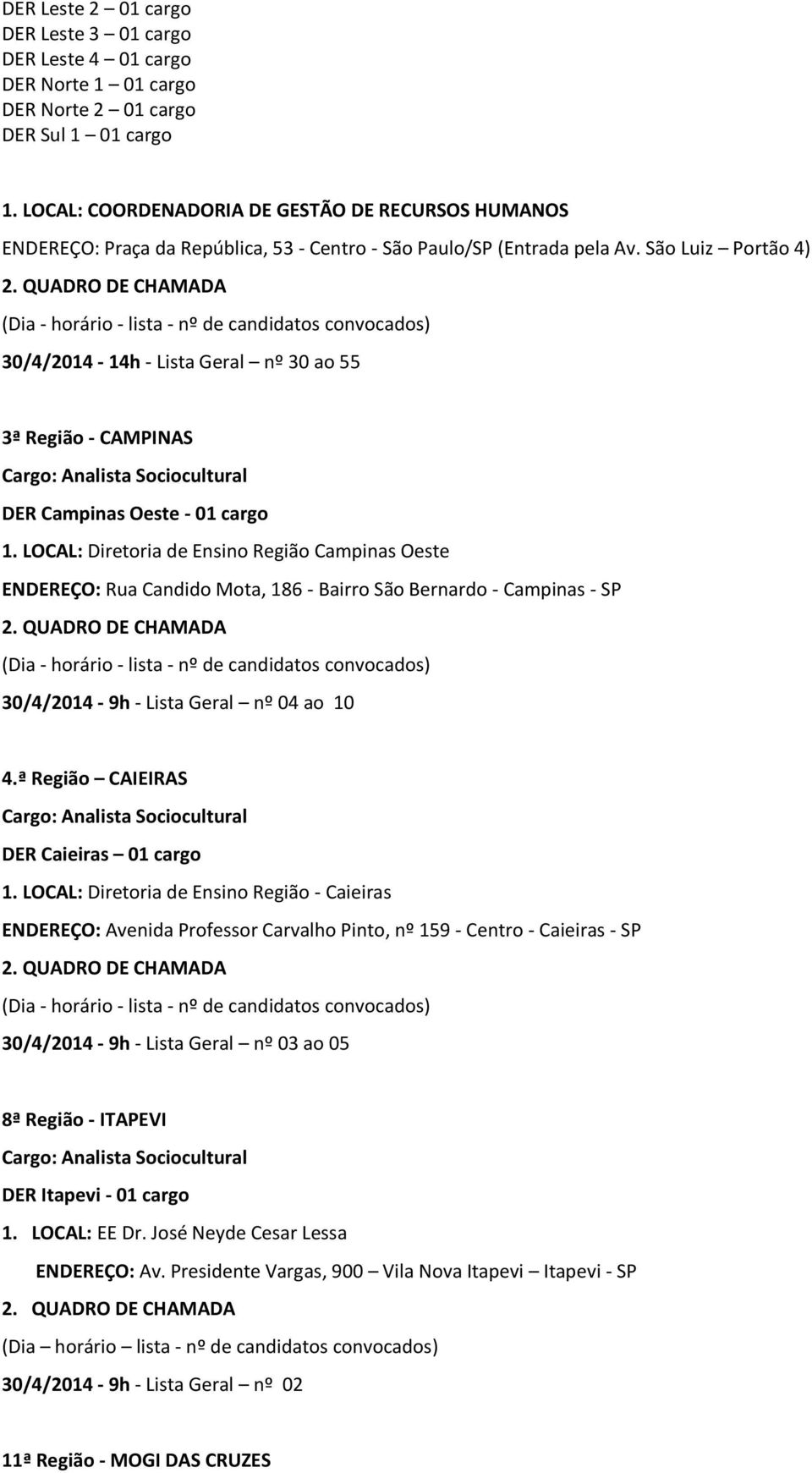 São Luiz Portão 4) (Dia - horário - lista - nº de candidatos convocados) 30/4/2014-14h - Lista Geral nº 30 ao 55 3ª Região - CAMPINAS DER Campinas Oeste - 01 cargo 1.