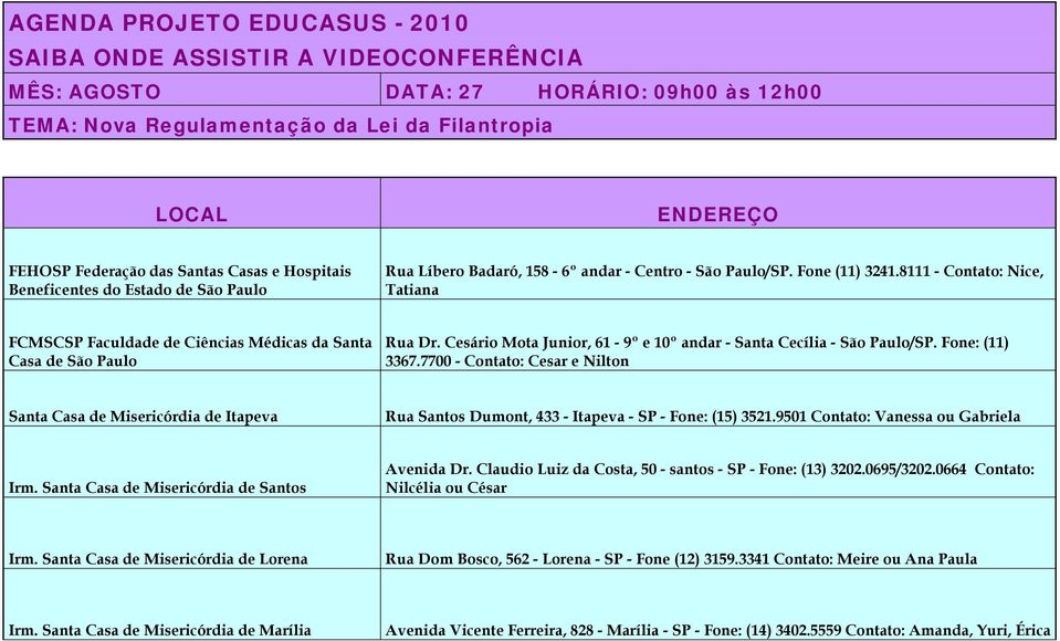8111 - Contato: Nice, Tatiana FCMSCSP Faculdade de Ciências Médicas da Santa Casa de São Paulo Rua Dr. Cesário Mota Junior, 61-9º e 10º andar - Santa Cecília - São Paulo/SP. Fone: (11) 3367.