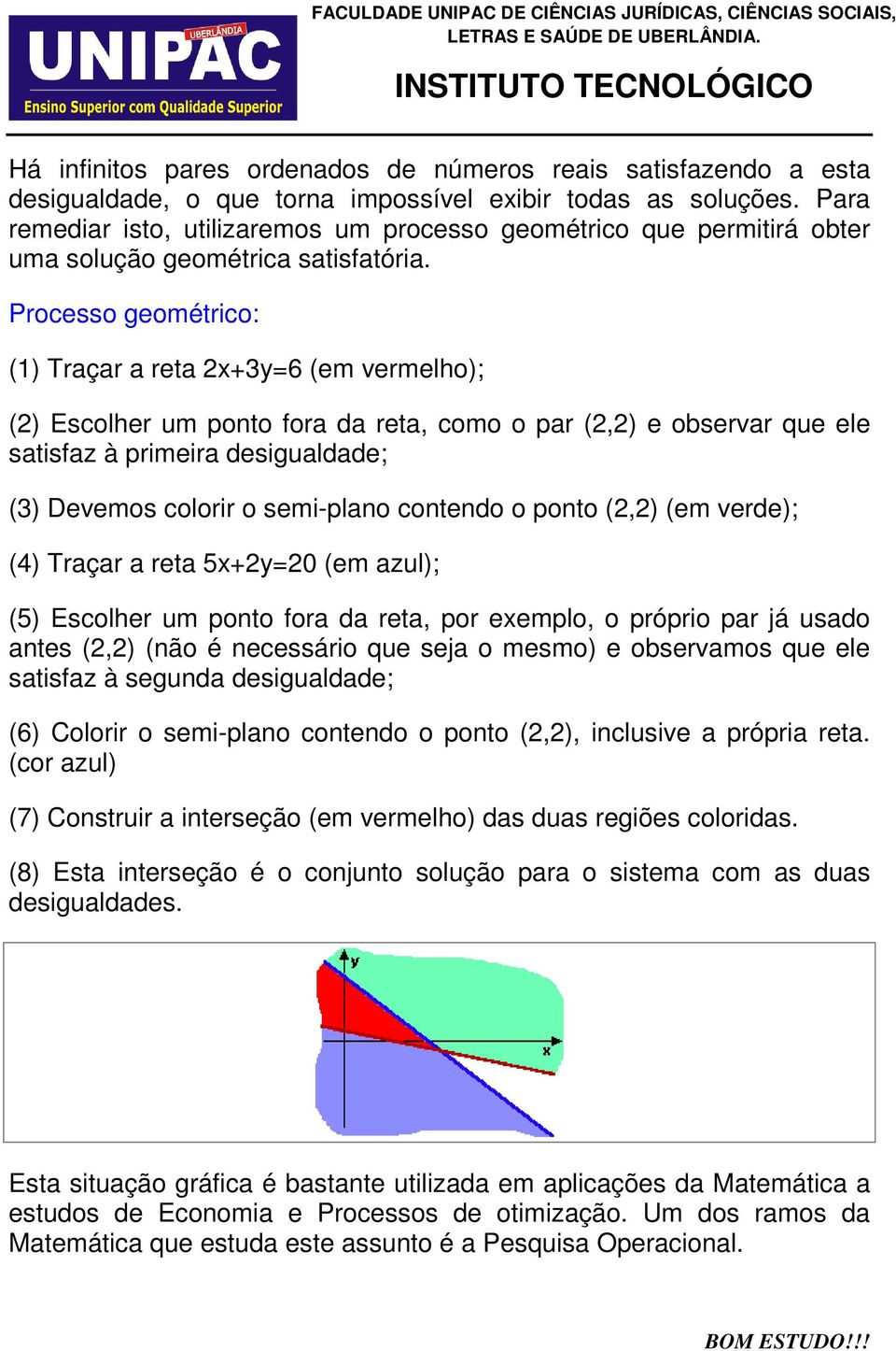 Processo geométrico: (1) Traçar a reta 2x+3y=6 (em vermelho); (2) Escolher um ponto fora da reta, como o par (2,2) e observar que ele satisfaz à primeira desigualdade; (3) Devemos colorir o