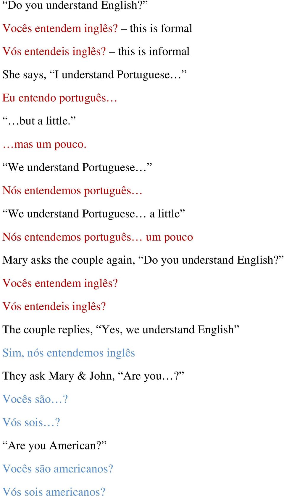 We understand Portuguese Nós entendemos português We understand Portuguese a little Nós entendemos português um pouco Mary asks the couple again,