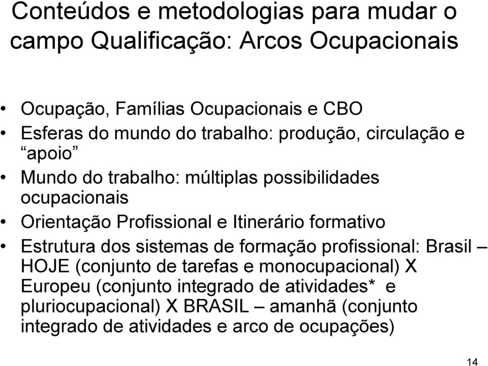 e Itinerário formativo Estrutura dos sistemas de formação profissional: Brasil HOJE (conjunto de tarefas e monocupacional) X