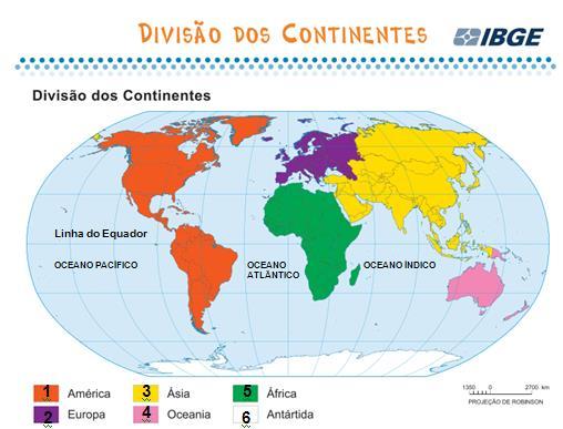 Os continentes são: América, África, Antártida e Oceania, Eurásia às vezes, Europa e Ásia são separadas,