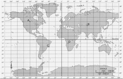 12) Analise o mapa a seguir. Assinale a alternativa que apresenta, correta e respectivamente, as coordenadas geográficas (latitude e longitude) dos pontos A, B, C e D marcados no mapa.