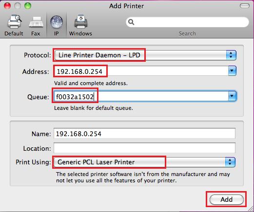 Em Protocol, selecione Line Printer Daemon-LPD Em Address,