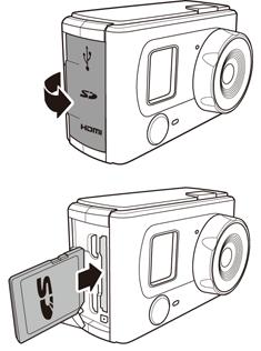 Insira o cartão SD com os contactos em metal virados para a parte de trás da câmara de vídeo. 3. Empurre o cartão SD para o orifício até que encaixe. 4.