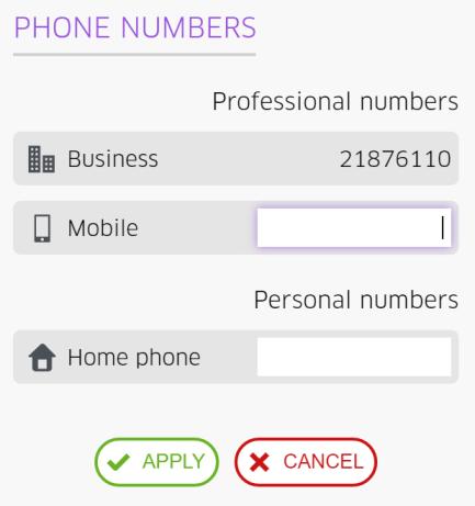 O seu número de telefone da empresa é definido pelo administrador. Introduza o seu número de telemóvel e número de telefone de casa. Efetue a validação.