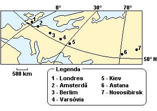 16. (Fuvest) A Terra gira sobre ela mesma de Oeste para Leste. Assim, teoricamente, todos os pontos, no mesmo fuso horário, têm a mesma hora.
