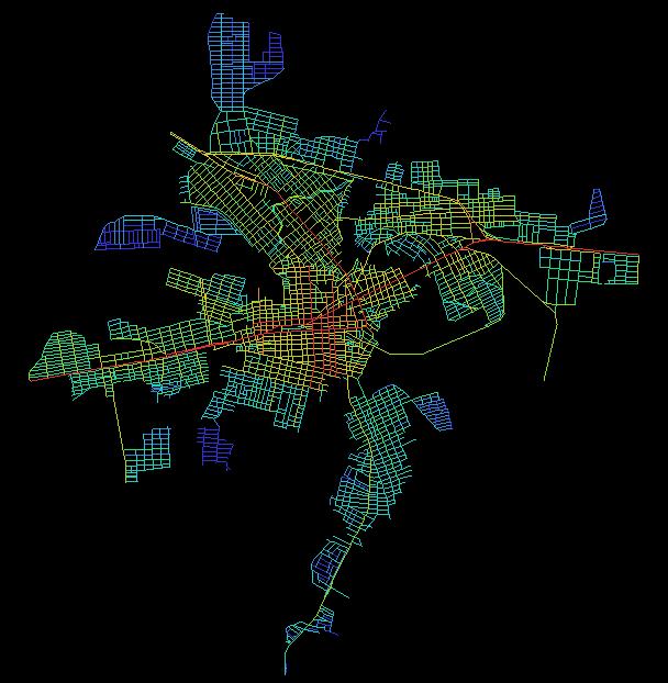 Mapa de Segmentos Representação linear. Quebra as linhas axiais nos cruzamentos, analisando e calculando cada segmento de rua (TURNER, 2001).