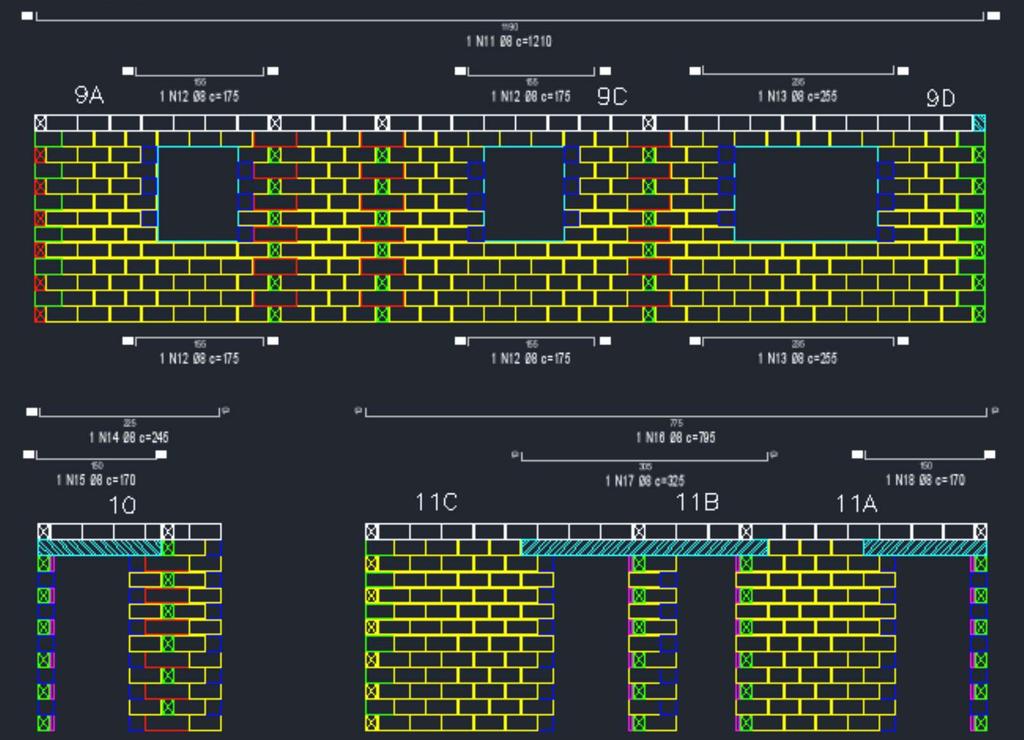 . Os projetos em Alvenaria Estrutural devem conter em planta desenhos detalhados dos blocos individualmente obrigatoriamente para a 1a e 2a fiadas; Cada parede portante deve ter