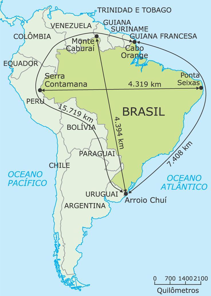 Limites e fronteiras do Brasil Ao Norte: as três Guianas, ou seja, República da Guiana (ex-guiana Britânica), Suriname (ex-holandesa) e a Guiana Francesa (ainda dependente).