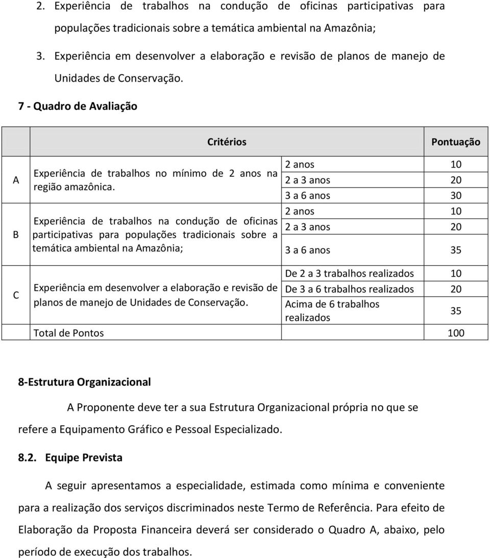 7 - Quadro de Avaliação Critérios Pontuação A B C Experiência de trabalhos no mínimo de 2 anos na região amazônica.